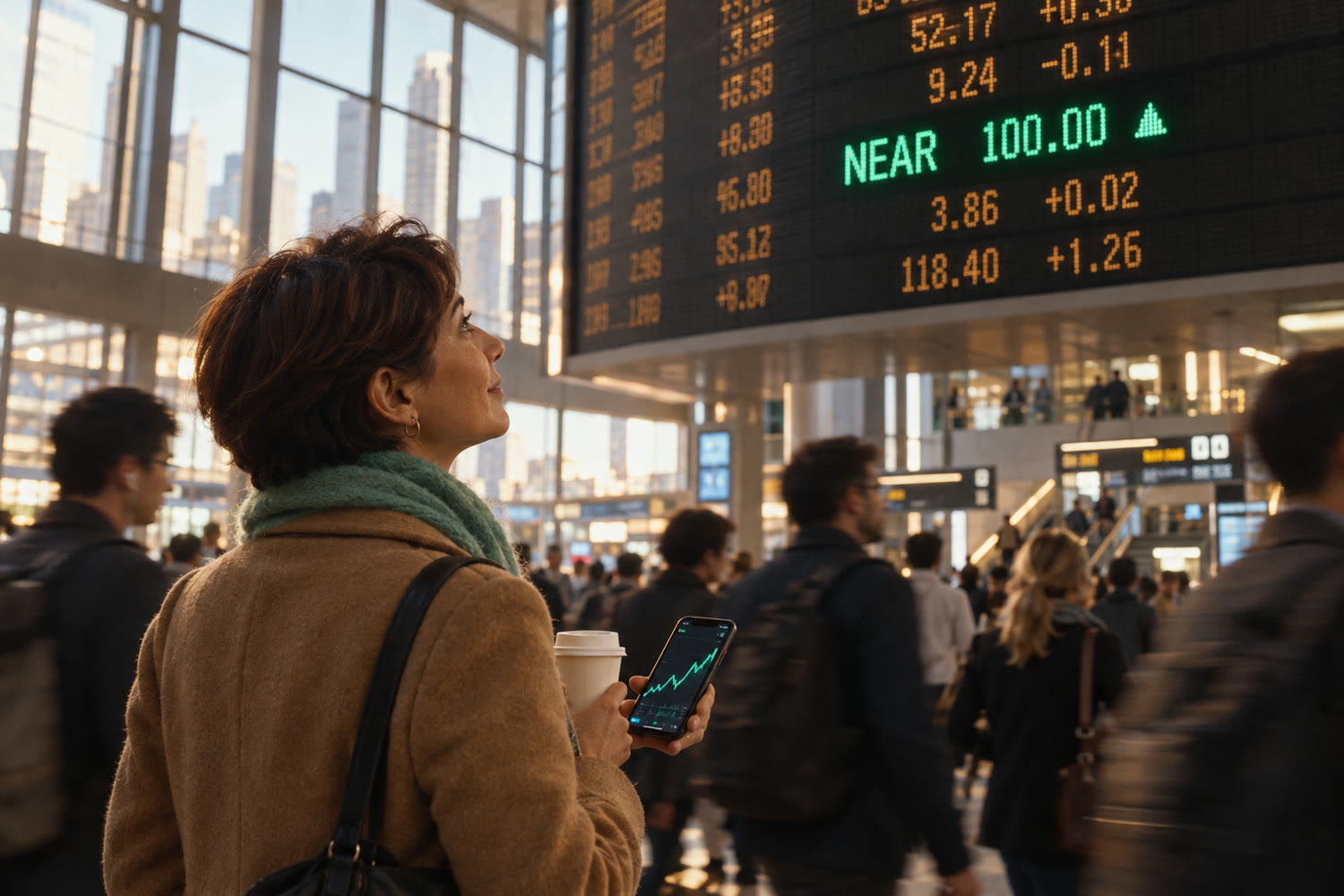 In a busy transit hall a woman looks up at a market board showing NEAR 100.00