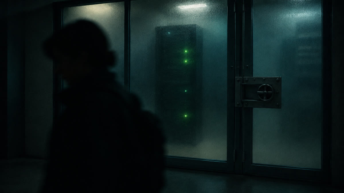 A sealed server cabinet behind frosted glass